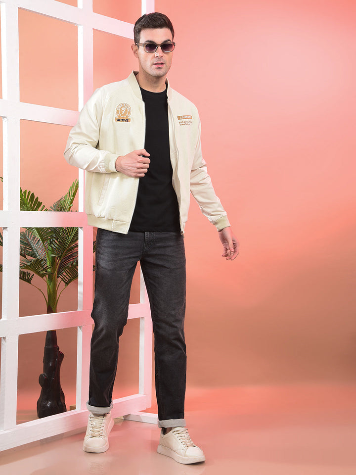 COBB BEIGE SELF-DESIGN VARSITY JACKET