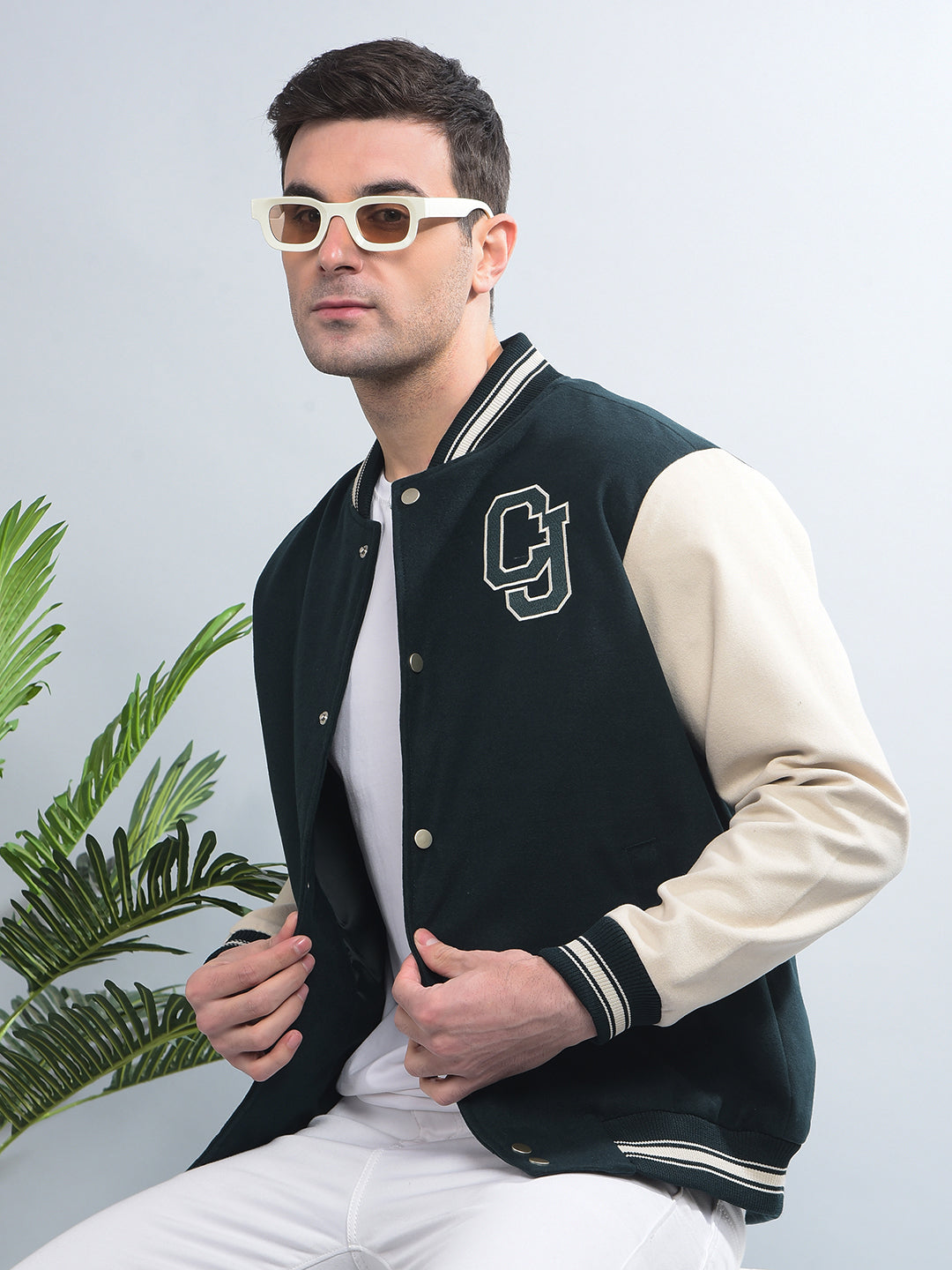 cobb bottle green printed varsity jacket