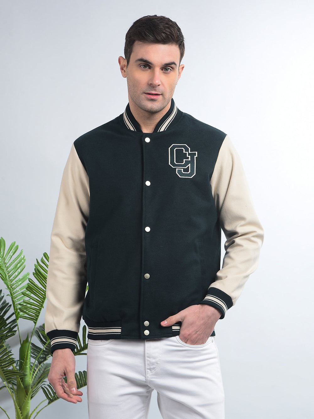 cobb bottle green printed varsity jacket