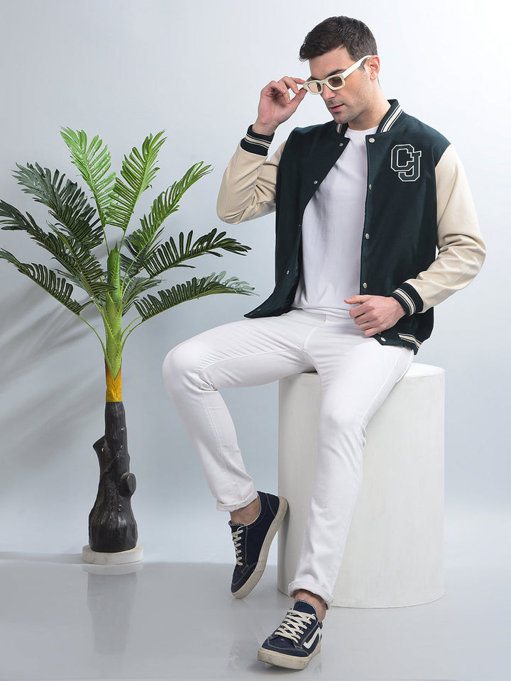 COBB BOTTLE GREEN PRINTED VARSITY JACKET