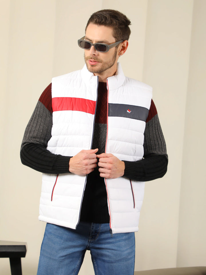 cobb white colour block sleeveless zipper jacket