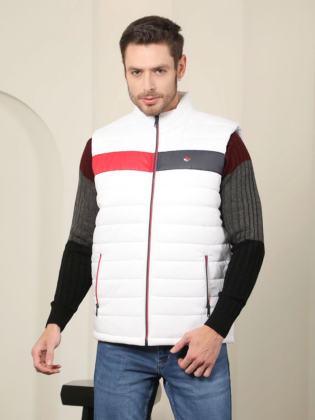 cobb white colour block sleeveless zipper jacket