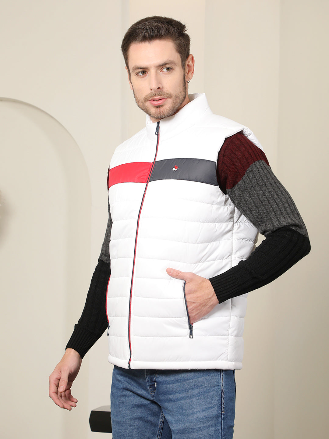 COBB WHITE COLOUR BLOCK SLEEVELESS ZIPPER JACKET