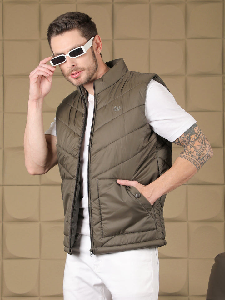 cobb solid dark green sleeveless zipper jacket