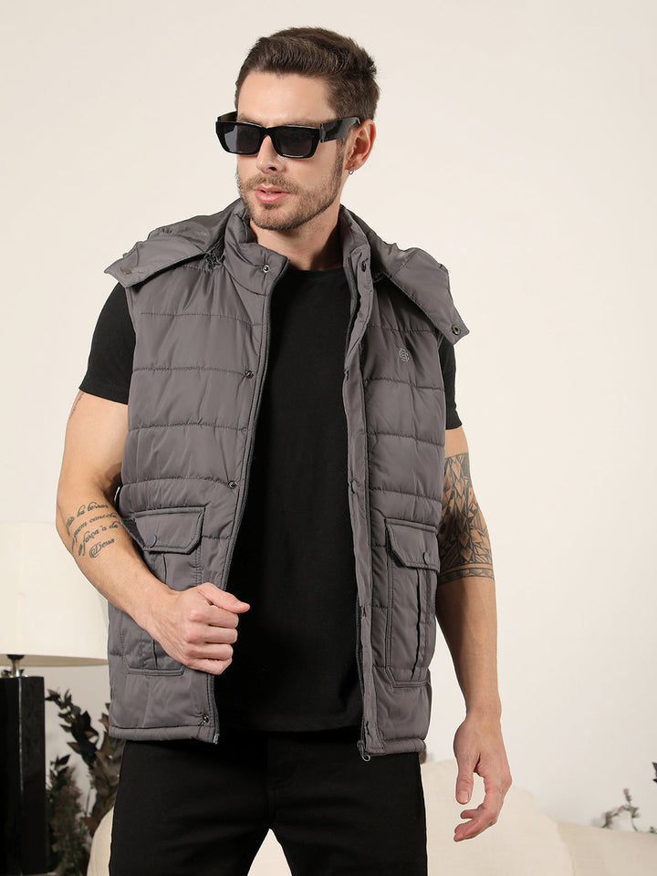 cobb solid grey hooded sleeveless zipper jacket