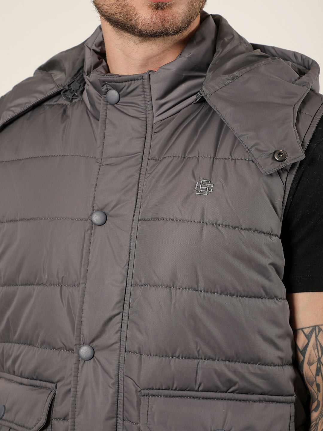 cobb solid grey hooded sleeveless zipper jacket