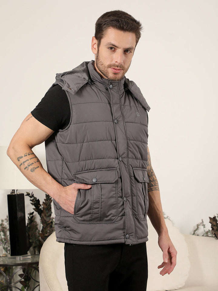 COBB SOLID GREY HOODED SLEEVELESS ZIPPER JACKET