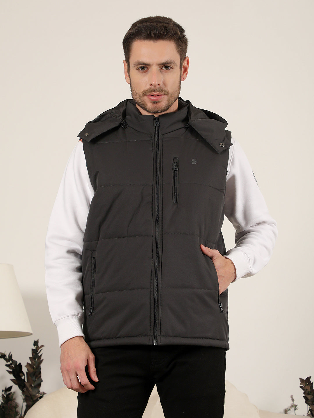 cobb solid dark grey hooded sleeveless zipper jacket