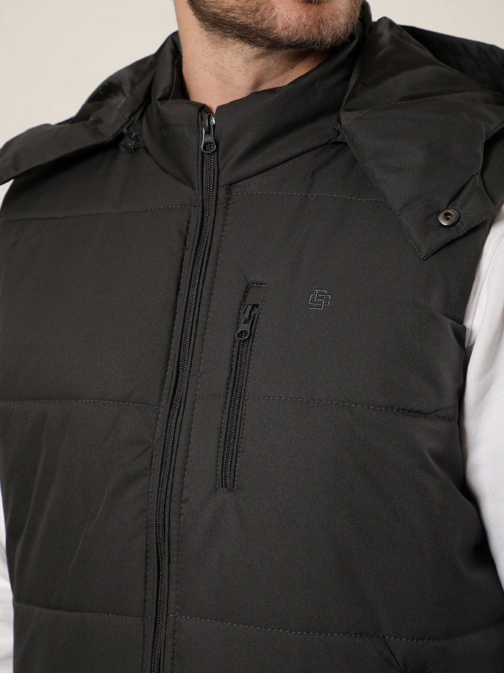 cobb solid dark grey hooded sleeveless zipper jacket