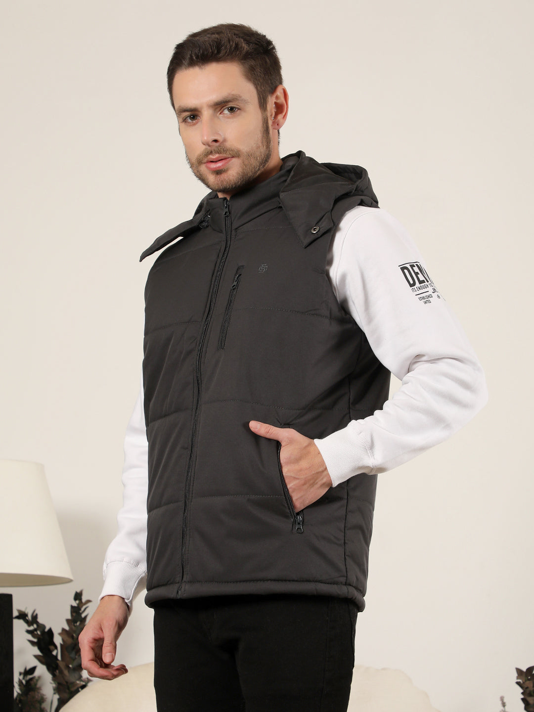 COBB SOLID DARK GREY HOODED SLEEVELESS ZIPPER JACKET