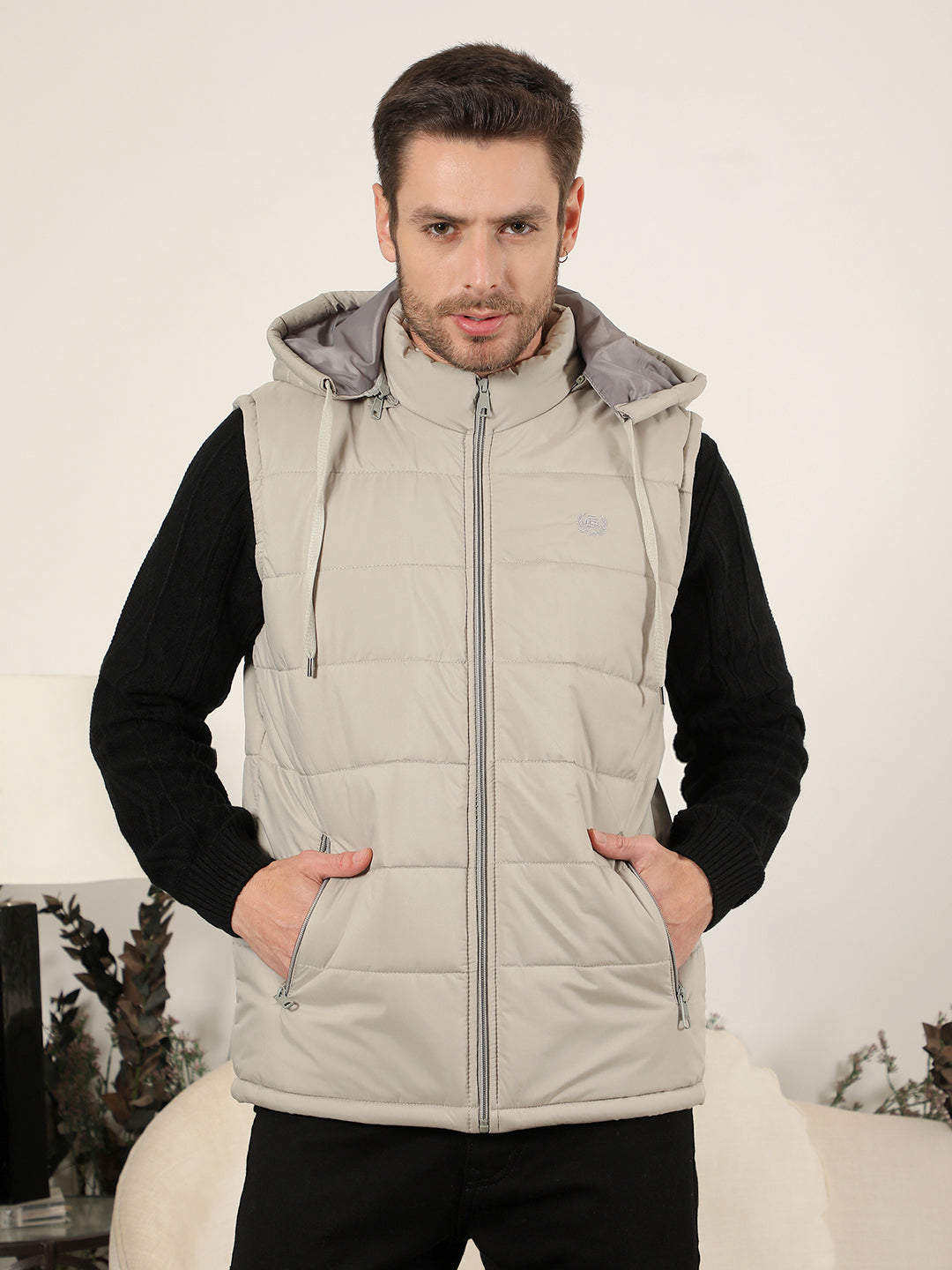 cobb solid stone hooded sleeveless zipper jacket