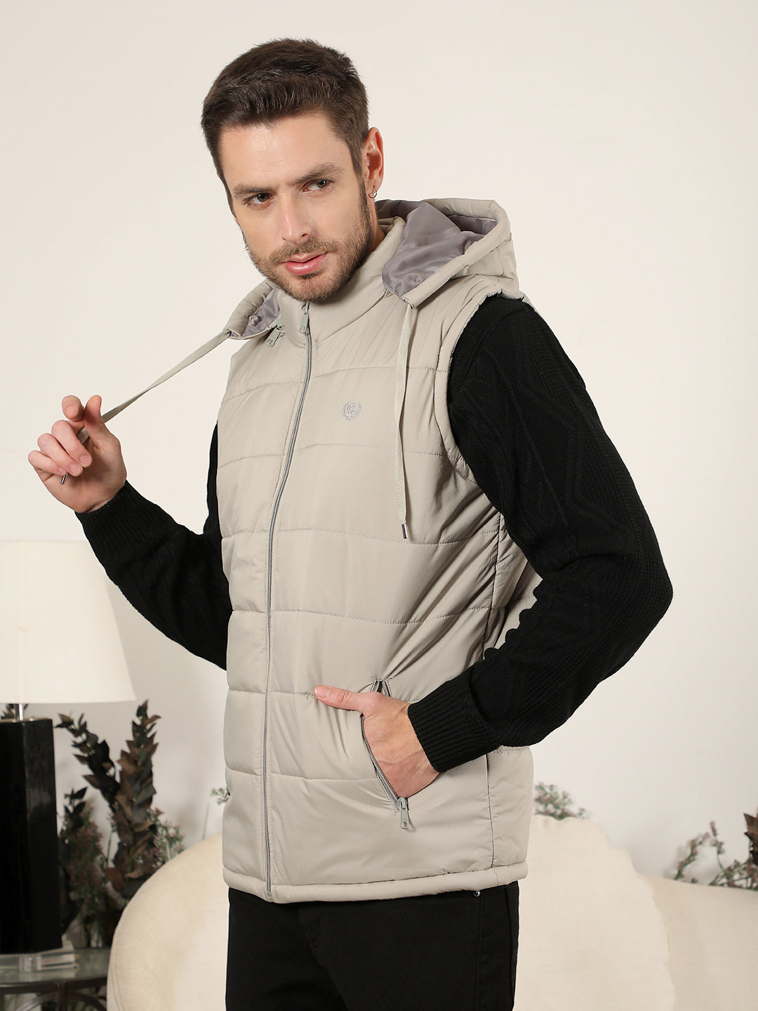 COBB SOLID STONE HOODED SLEEVELESS ZIPPER JACKET