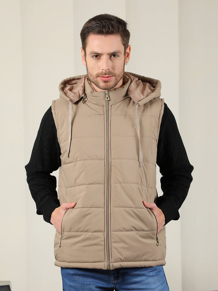 cobb solid beige hooded sleeveless zipper jacket