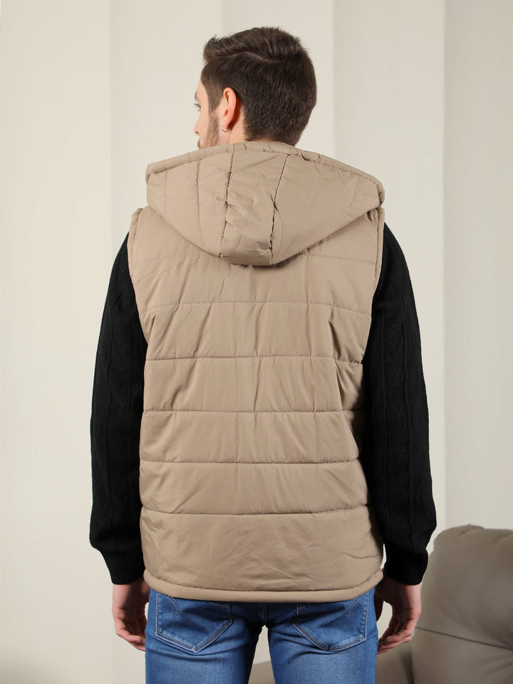 cobb solid beige hooded sleeveless zipper jacket