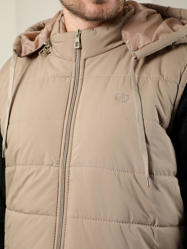 cobb solid beige hooded sleeveless zipper jacket