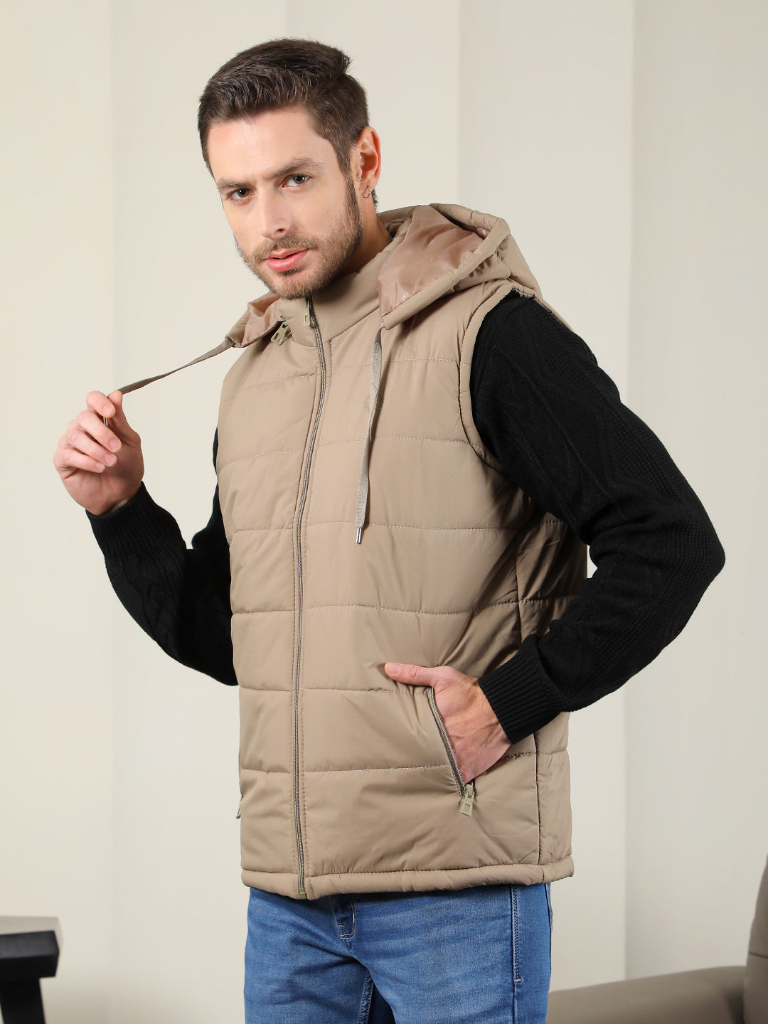 COBB SOLID BEIGE HOODED SLEEVELESS ZIPPER JACKET