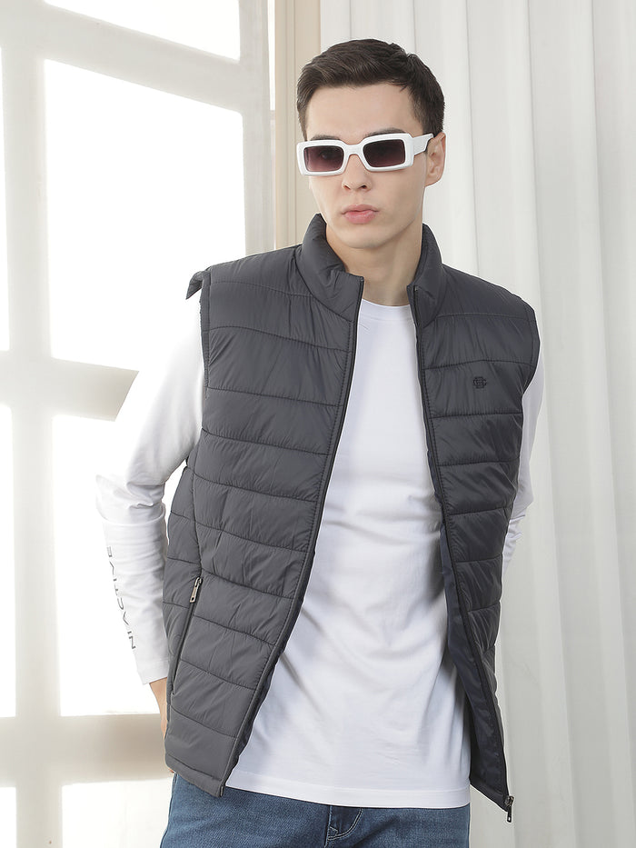 navy solid sleeveless zipper jacket