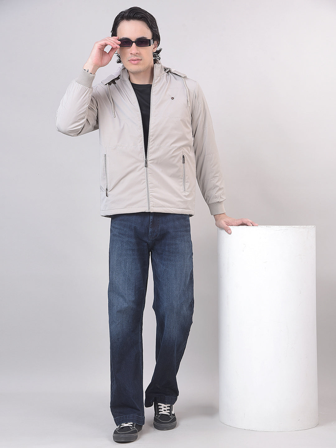 Stone Grey Solid Hooded Jacket
