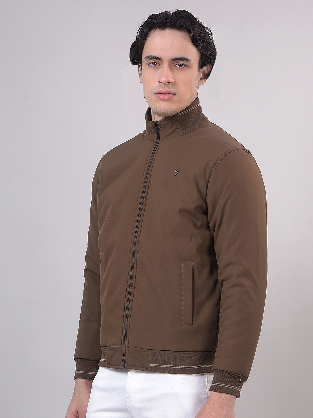 Coffee Solid Stand Collar Jacket