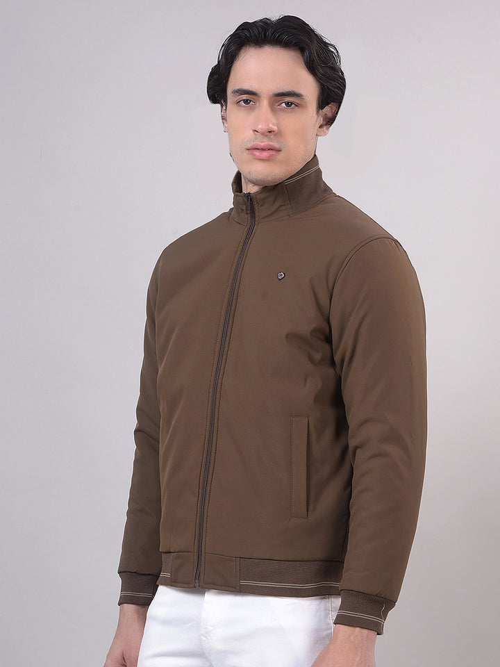 Coffee Solid Stand Collar Jacket