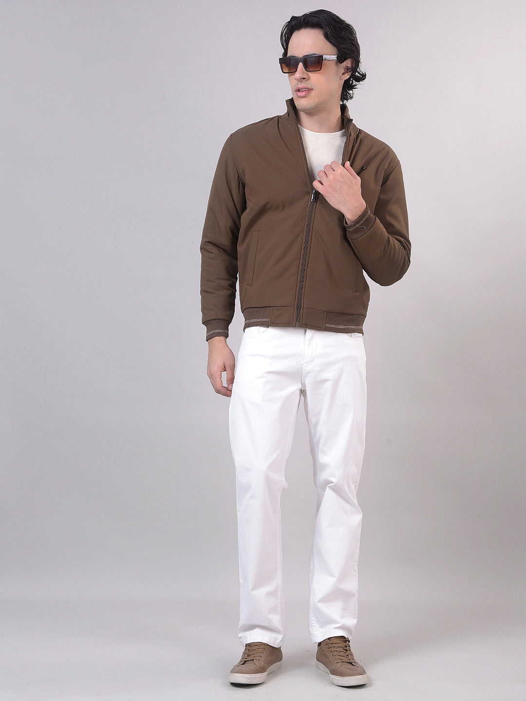 Coffee Solid Stand Collar Jacket