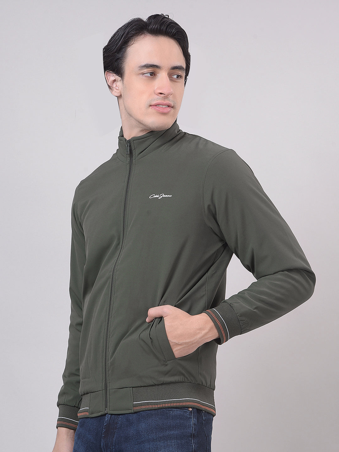 Olive Solid Stand Collar Jacket