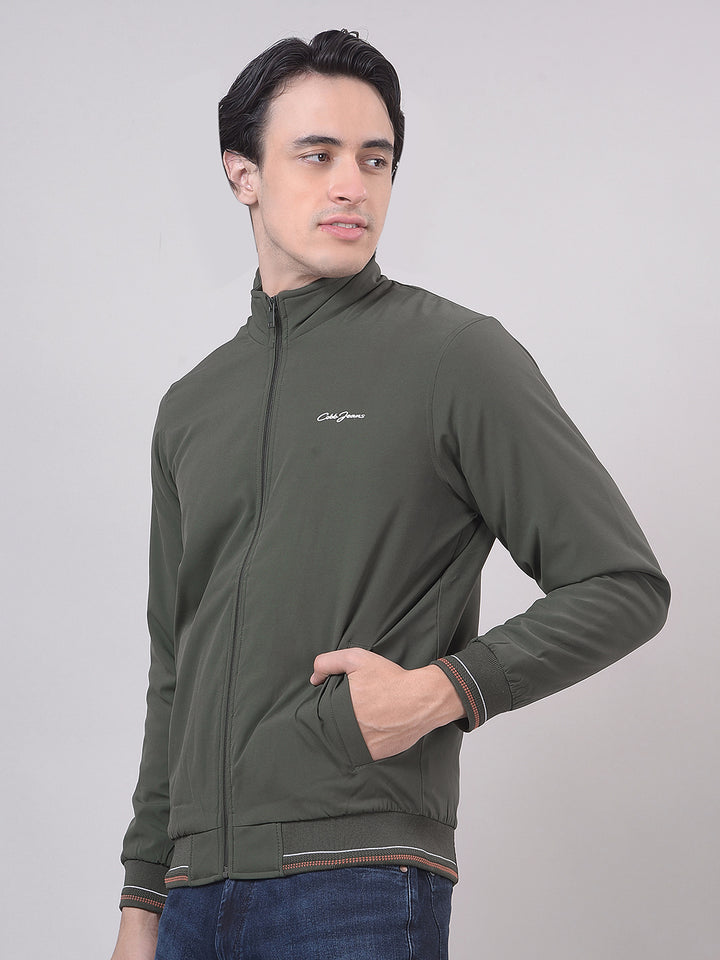 Olive Solid Stand Collar Jacket