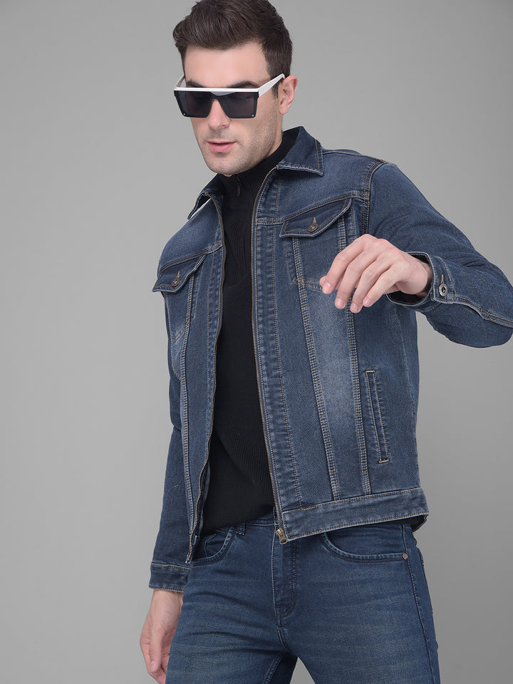 COBB NAVY BLUE COLLAR NECK ZIP-UP DENIM JACKET