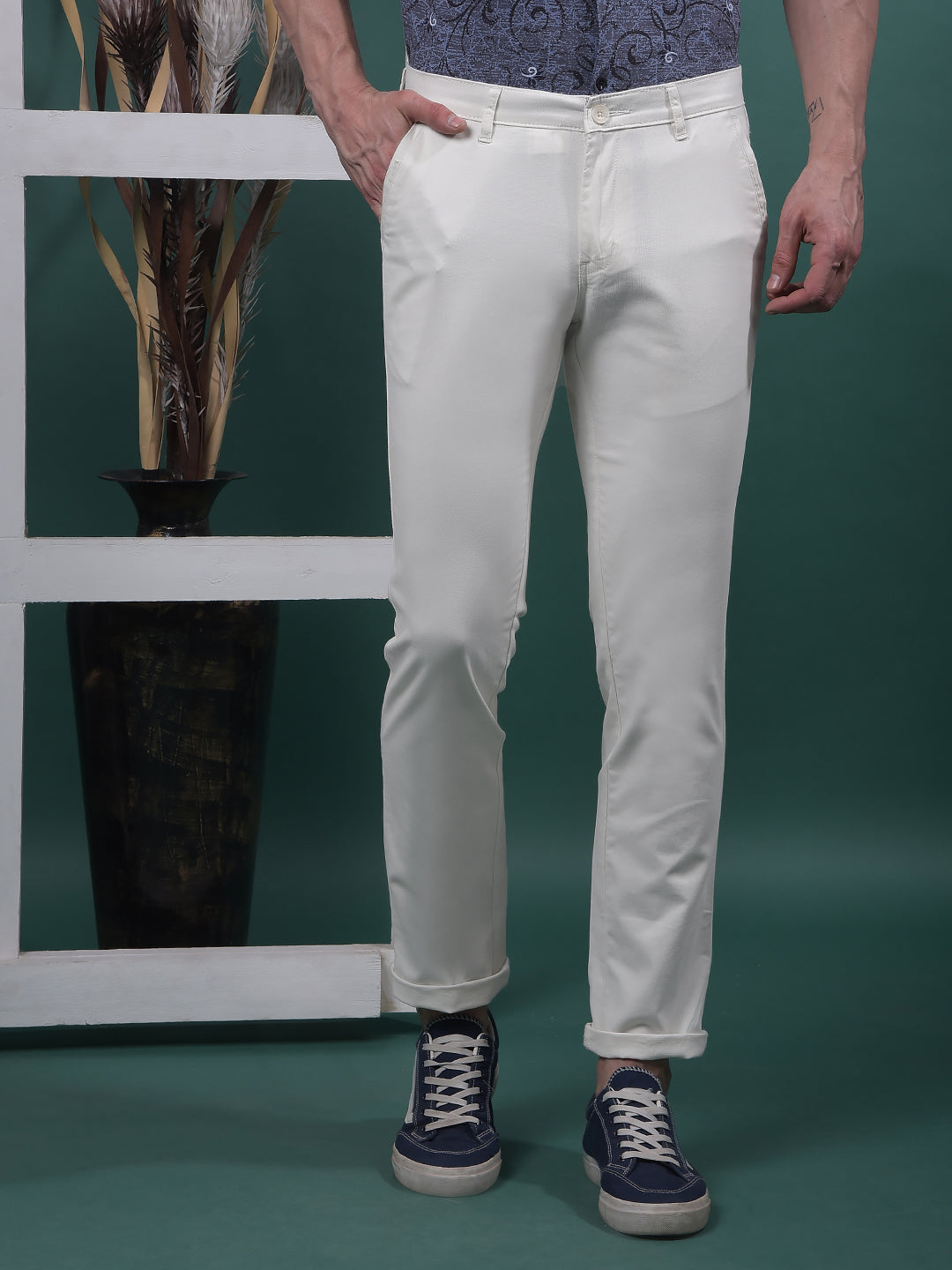 cobb solid off white ultra-fit casual trouser
