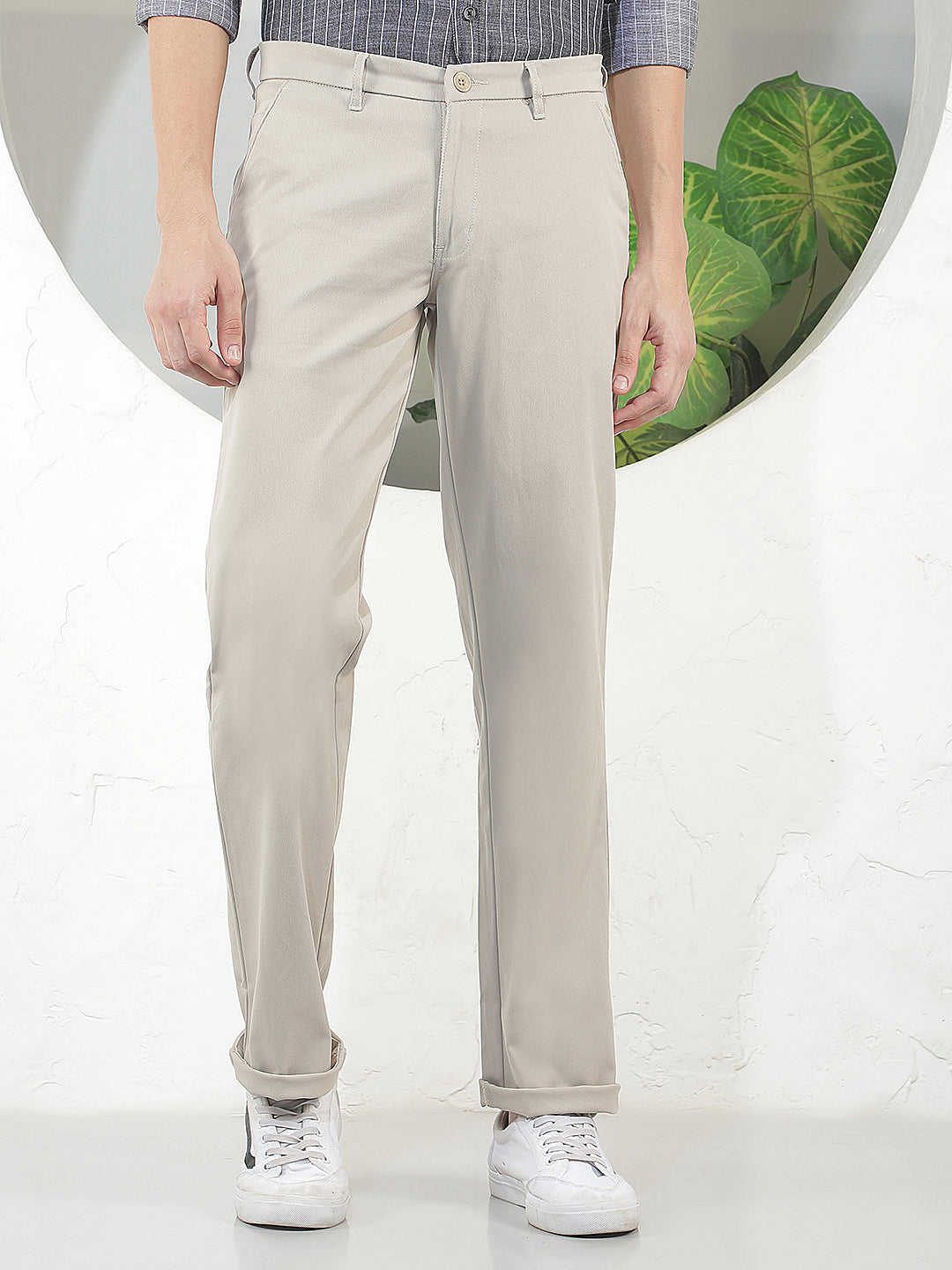 beige straight-fit casual trouser