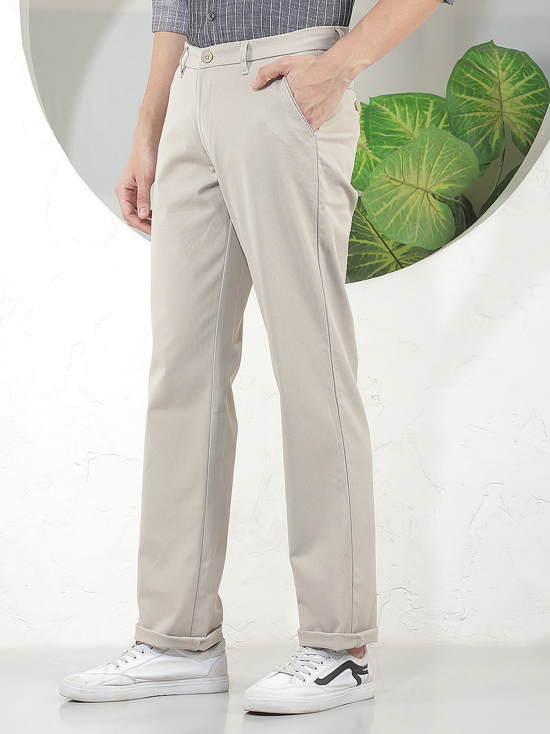 beige straight-fit casual trouser