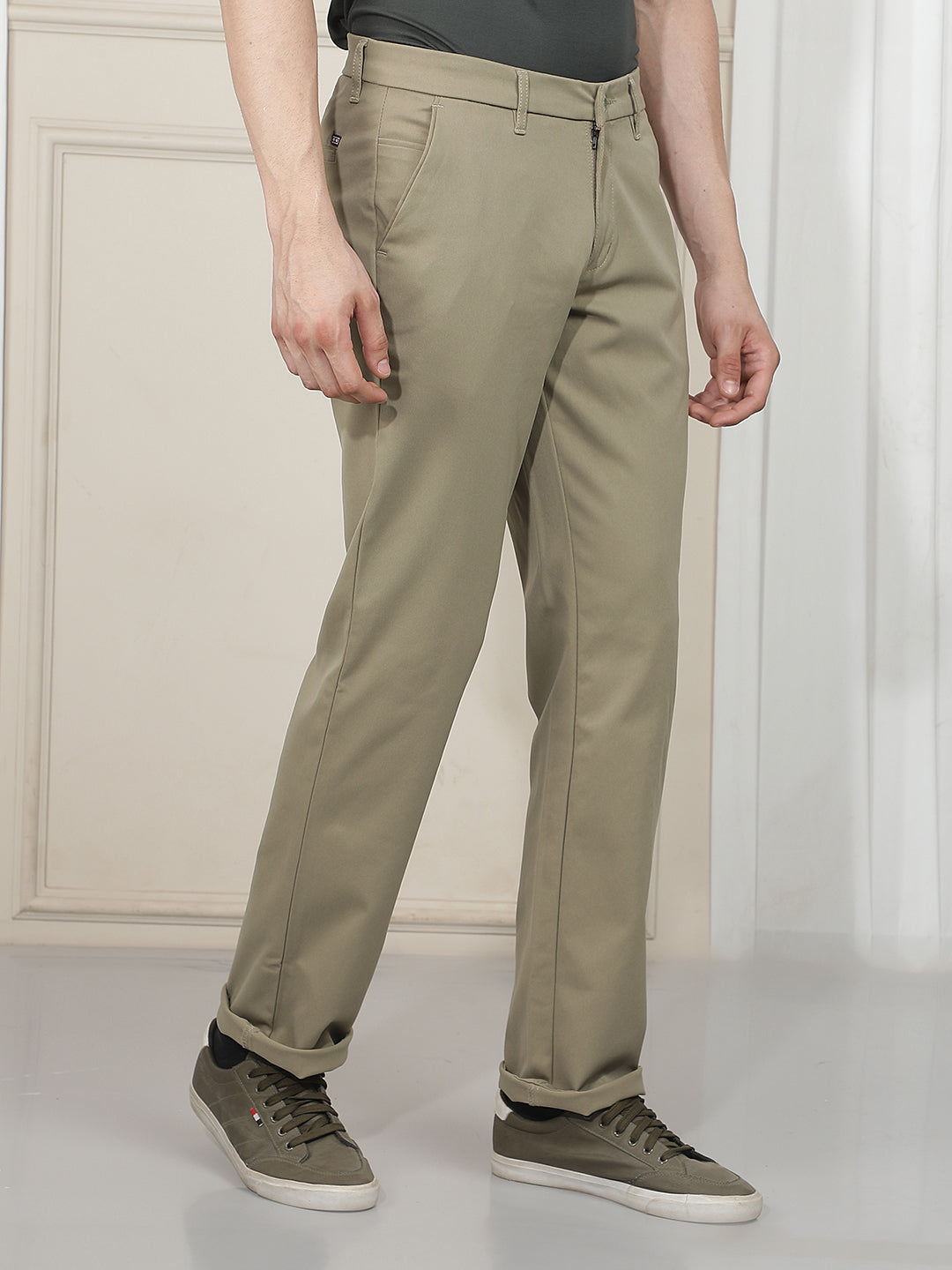 moss green straight-fit casual trouser