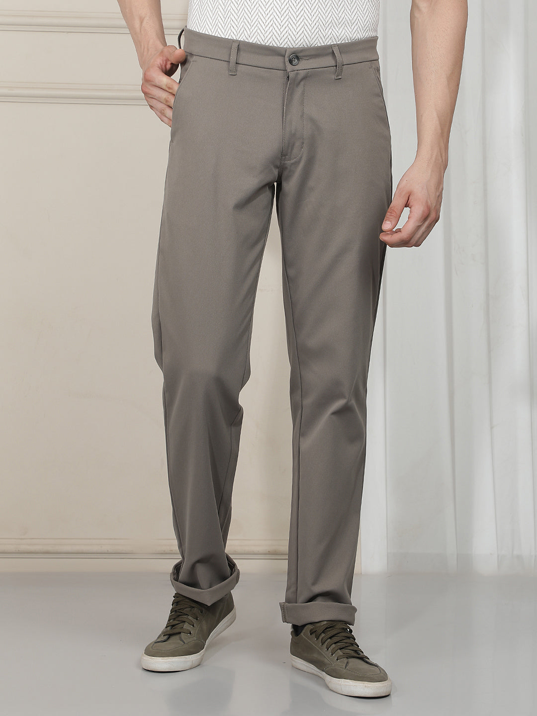 olive grey straight-fit casual trouser