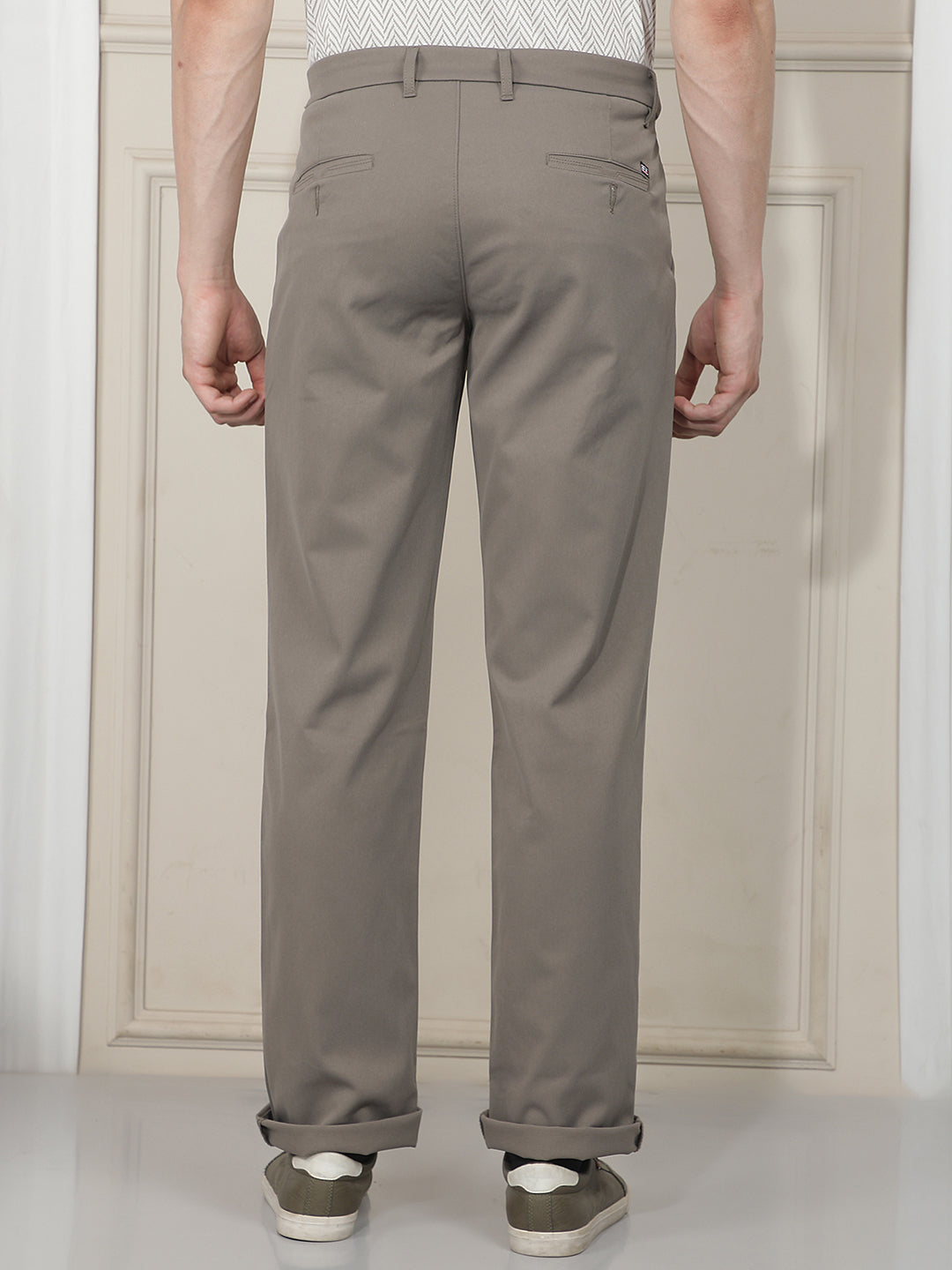 olive grey straight-fit casual trouser