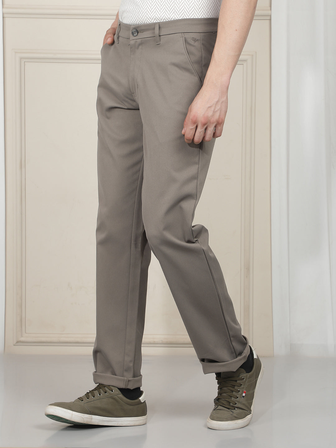olive grey straight-fit casual trouser