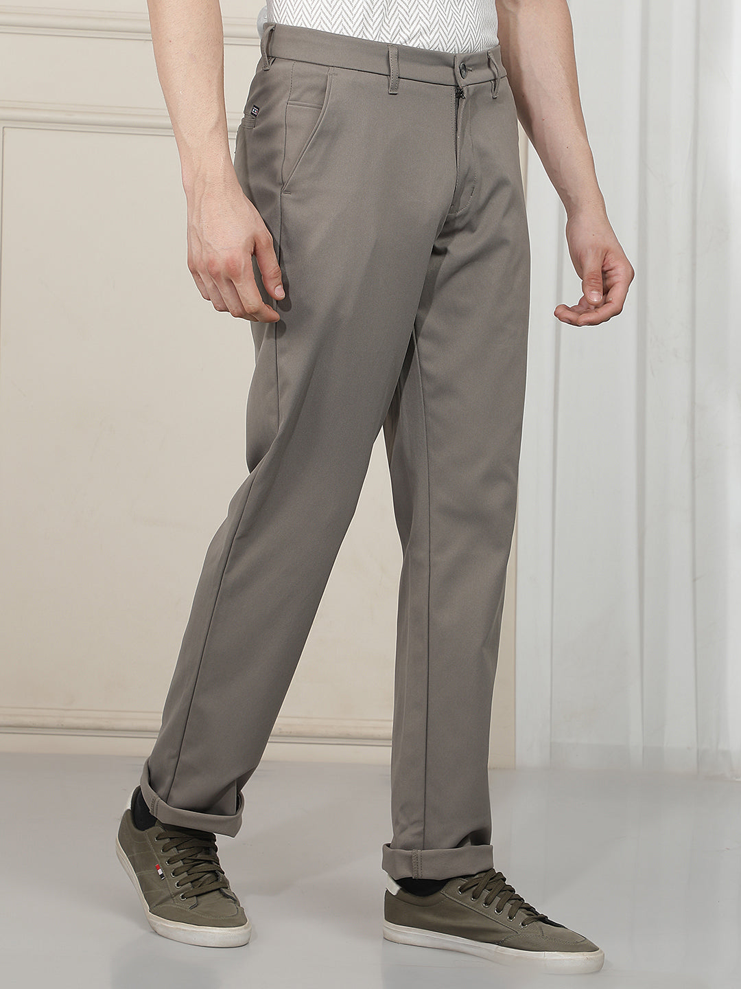 olive grey straight-fit casual trouser