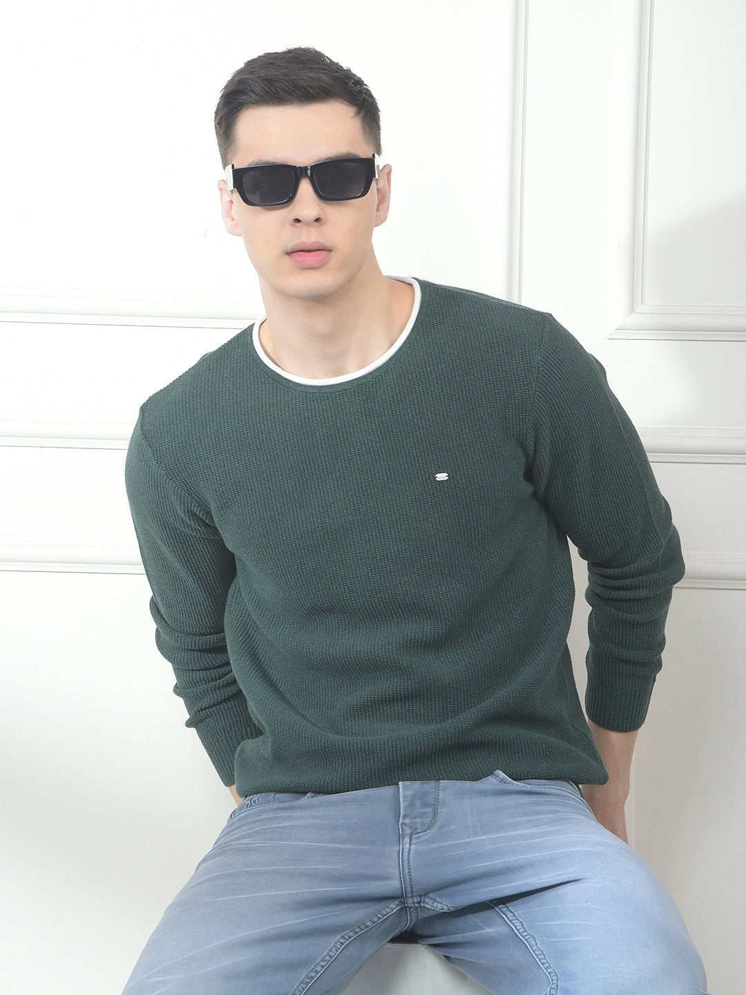cobb green self-design round neck sweater