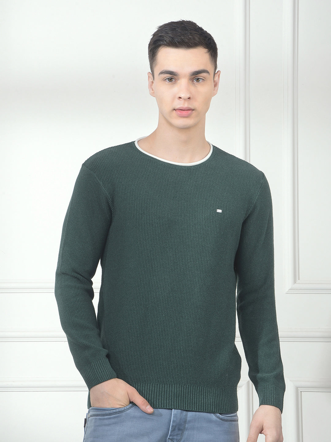 cobb green self-design round neck sweater
