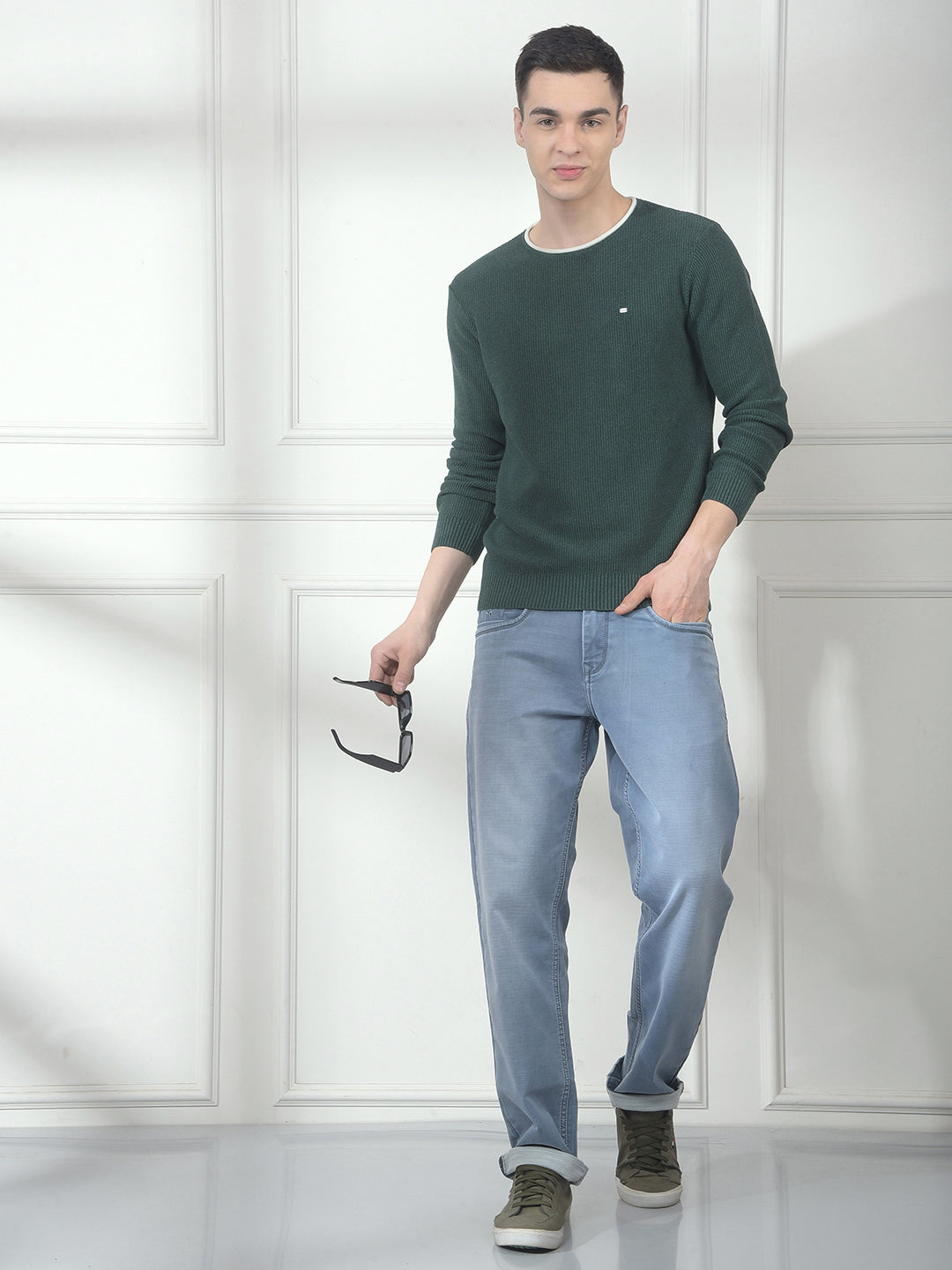 COBB GREEN SELF-DESIGN ROUND NECK SWEATER