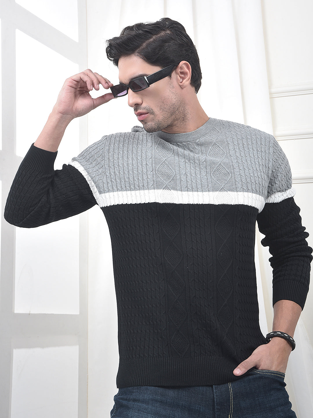 cobb grey black color-block round neck sweater