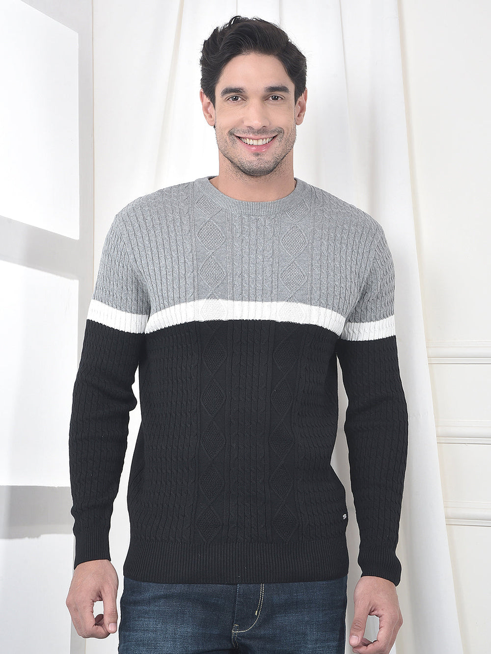 cobb grey black color-block round neck sweater