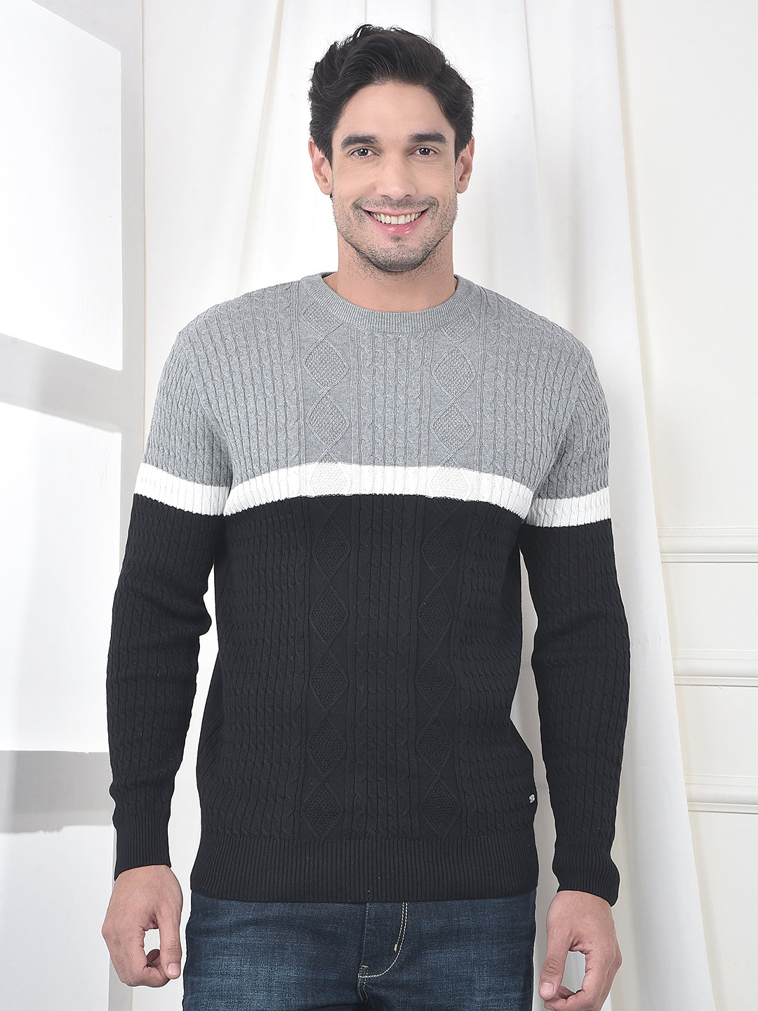 cobb grey black color-block round neck sweater