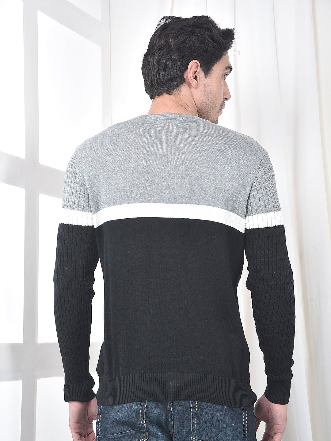 cobb grey black color-block round neck sweater