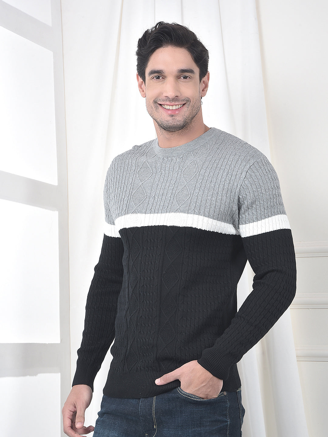 cobb grey black color-block round neck sweater