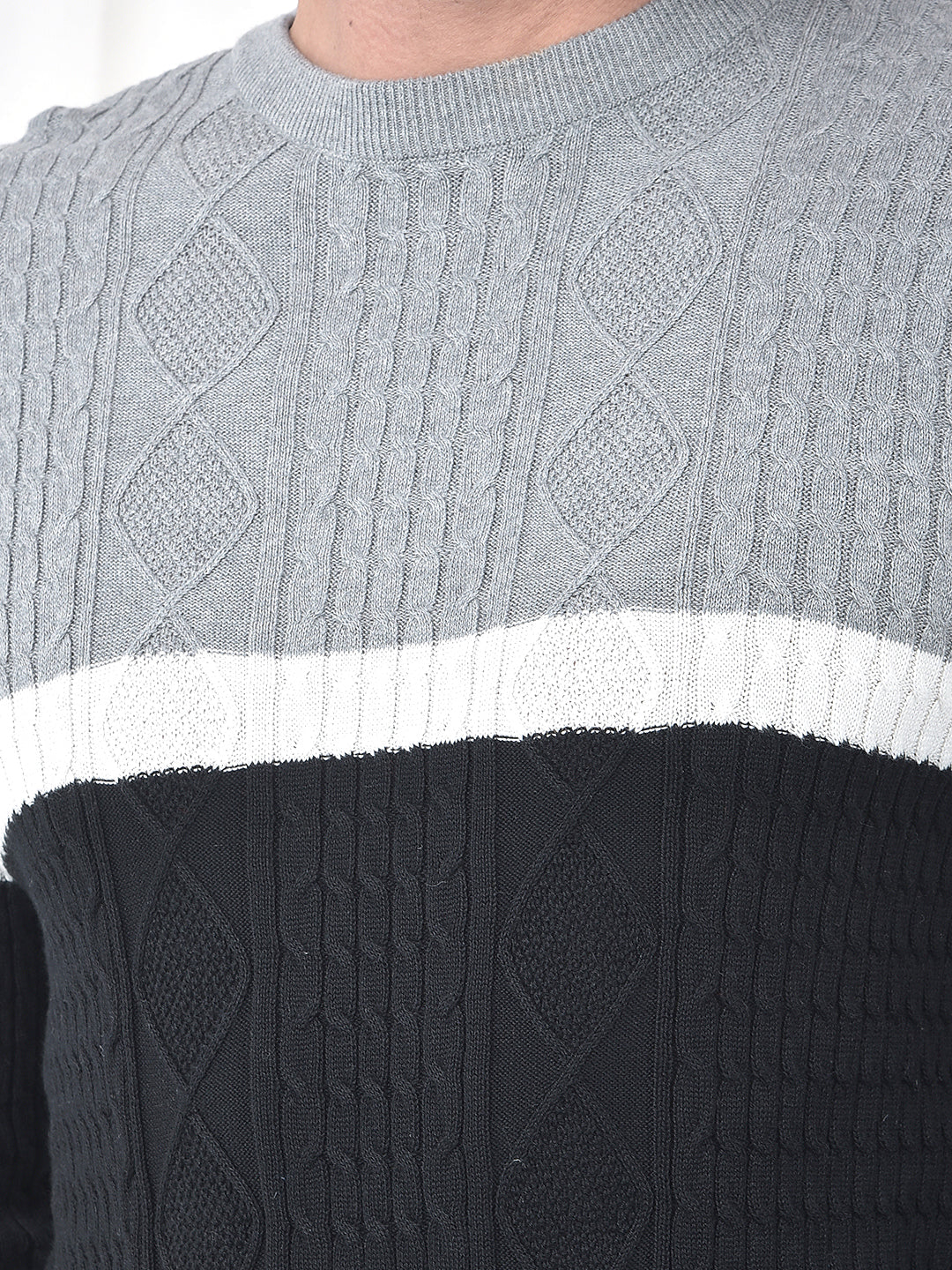 COBB GREY BLACK COLOR-BLOCK ROUND NECK SWEATER