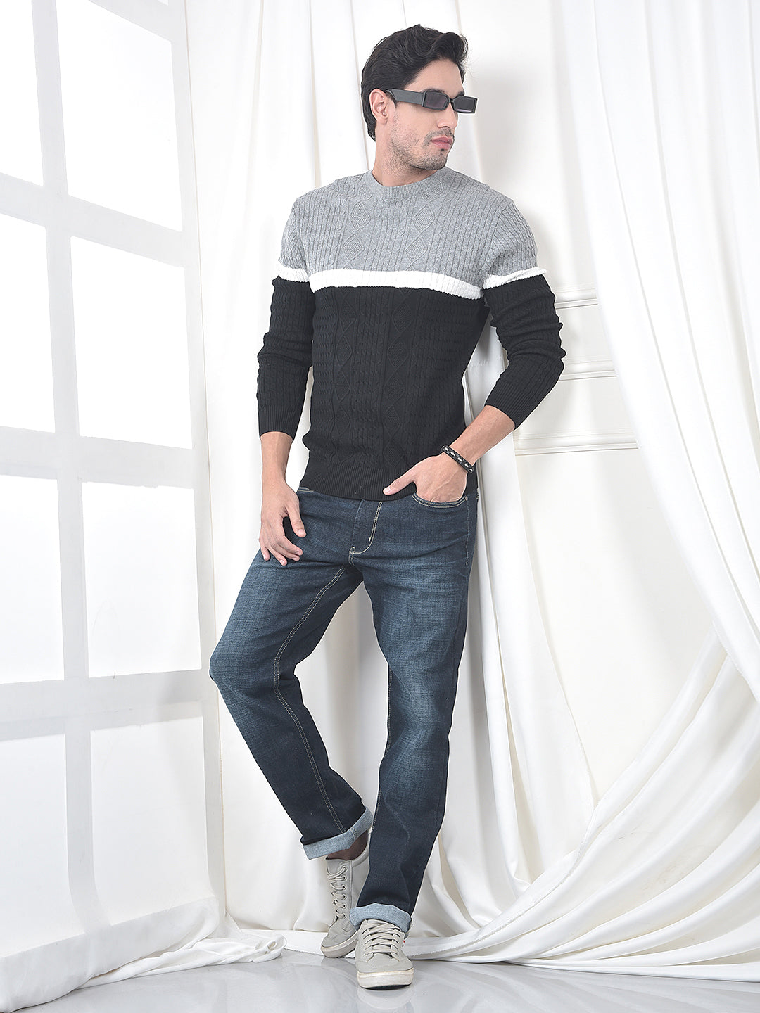 COBB GREY BLACK COLOR-BLOCK ROUND NECK SWEATER