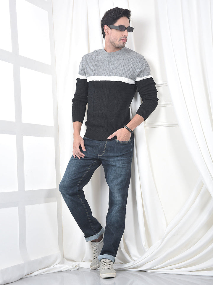 COBB GREY BLACK COLOR-BLOCK ROUND NECK SWEATER