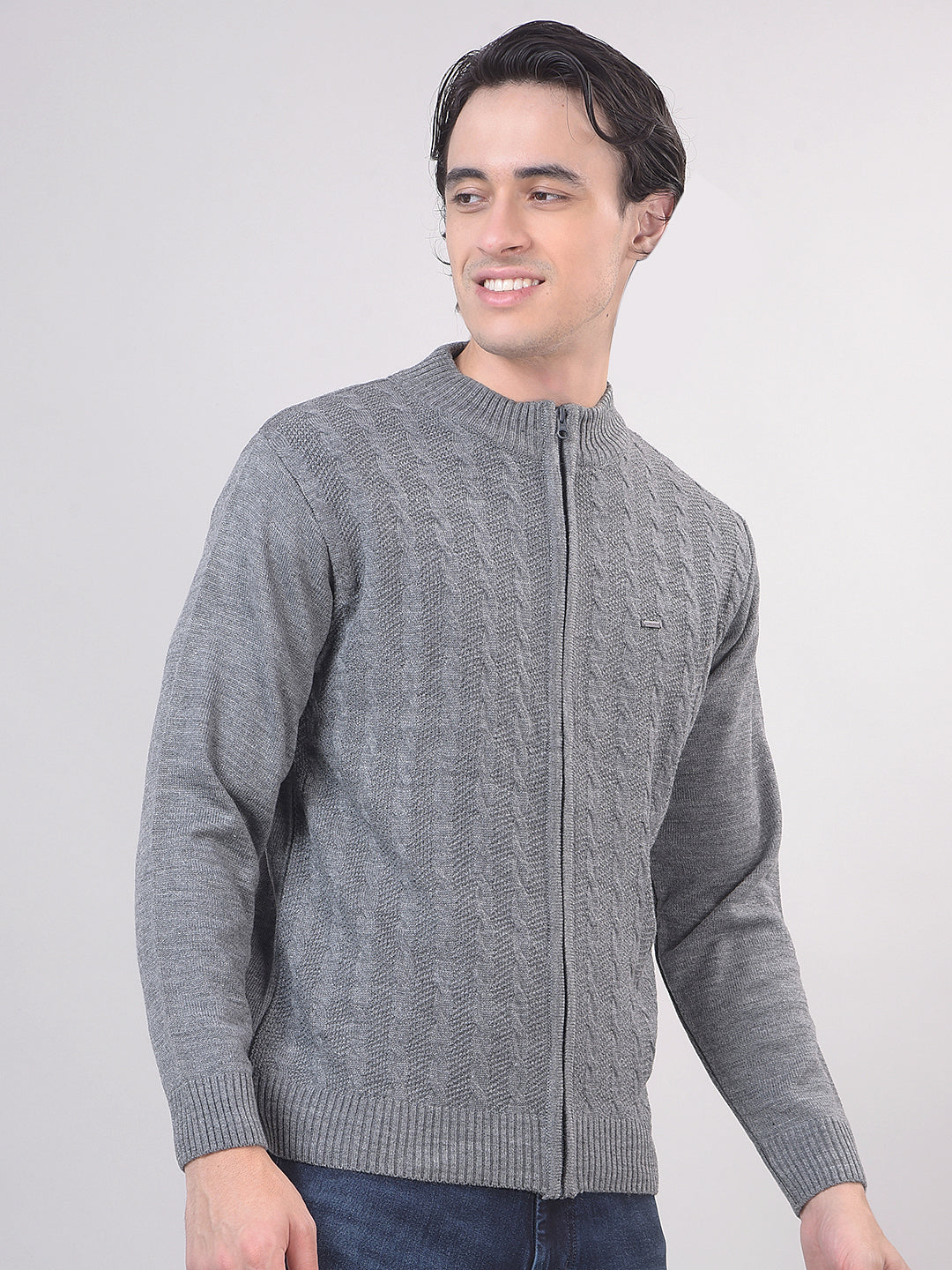 Grey Self-Design Full-Zipper Sweater