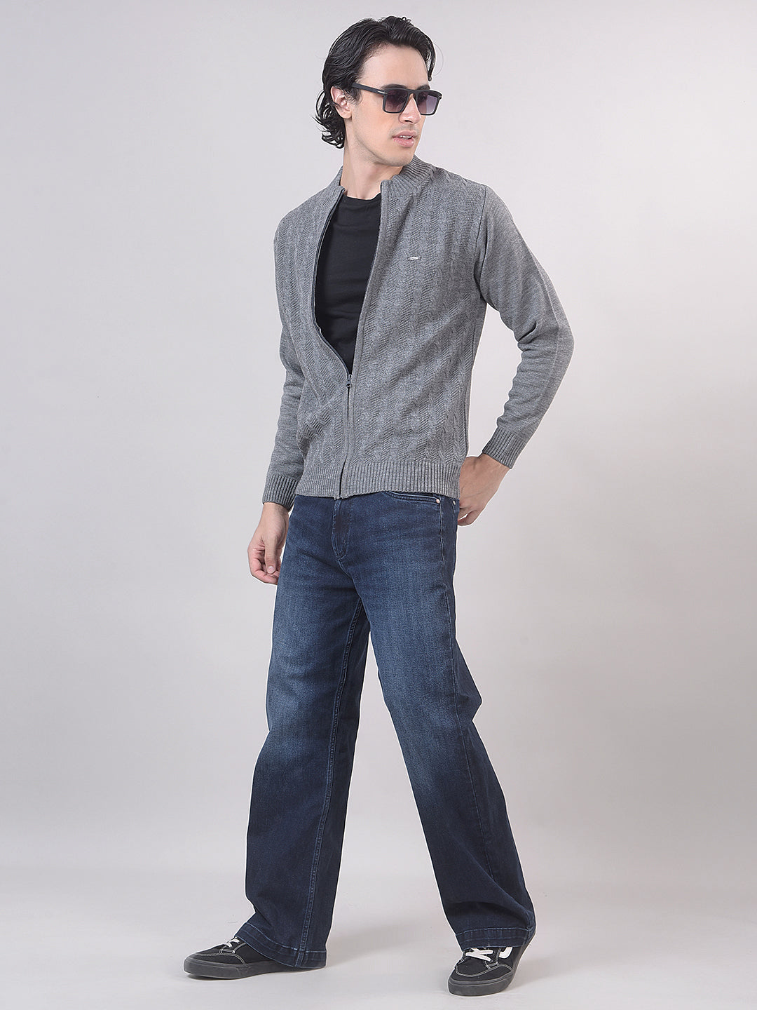 Grey Self-Design Full-Zipper Sweater