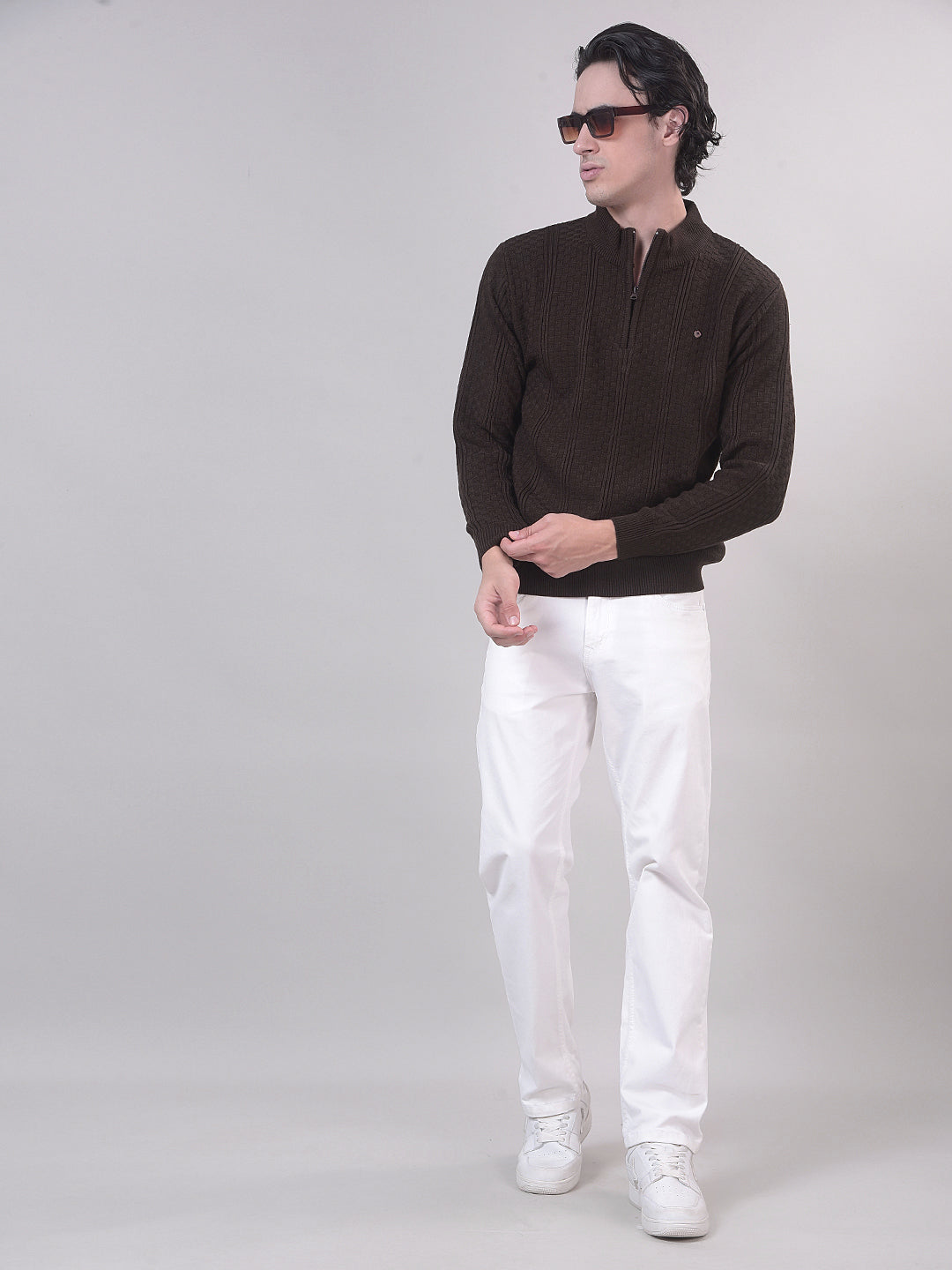 Brown Self-Design Half-Zipper Sweater